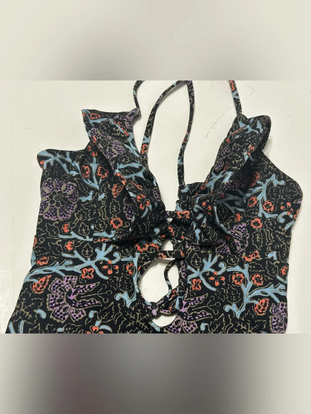 SEA NEW YORK MARLEE ONE PIECE Floral Ruffle Swimsuit Black w/ Pastel Prints XXS